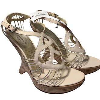 Alberta Ferretti Ivory Corded Leather Curved Wedge Sandals Size 40
