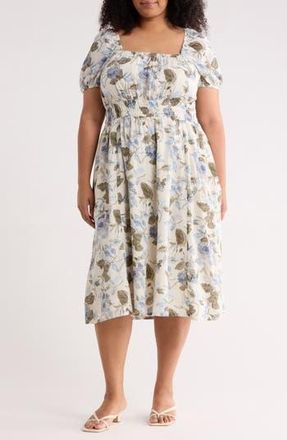 Melrose and Market Puffed Sleeve Cotton Midi Dress in Ivory- Olive Jacobean Bloom at Nordstrom Rack, Size 1 X
