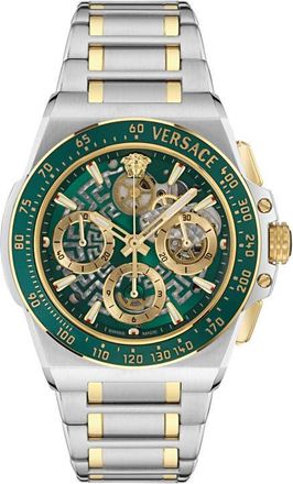 Versace Greca Extreme Skeleton Dial Automatic Chronograph Bracelet Watch, 43mm in Green/Two Tone at Nordstrom