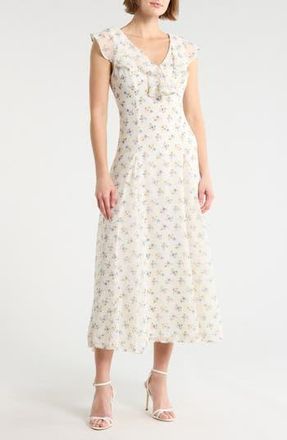 Wayf Ruffle Godet Midi Dress in Ivory Ditsy at Nordstrom Rack, Size X-Small