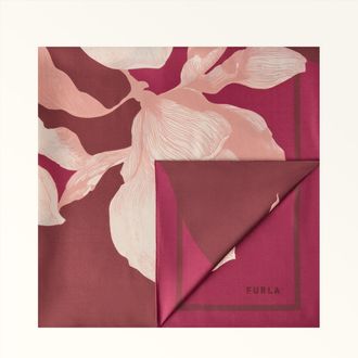 Furla Tortona Foulard Muddy Gray Rosa Twill Di Seta Con Stampa Big Magnolia Donna