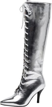 Generic Womens Metallic Shiny Knee High Boots Pointed Toe Stiletto Heels Lace-Up Side Zipper PU Leather Party Night Out Stage Statement Shoes,Silver,4.5 UK