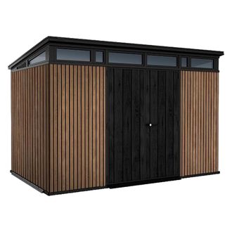 Dmora Caseta De Jard&iacute;n Northfield, Con Cerradura, Acabado De Resina, Ventanas, Techo A Un Agua, 340x218x226h Cm Marr&oacute;n Nogal