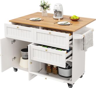 STILVORA Carro De Cocina Con Almacenaje Y Encimera Abatible Con Ruedas Y Patas Ajustables En Mdf Blanco