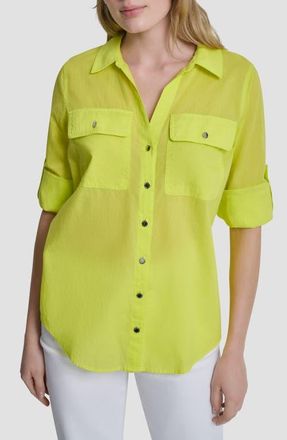DKNY Short Sleeve Roll Tab Shirt in Limeade at Nordstrom, Size X-Large