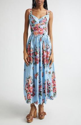 Dolce & Gabbana Floral Bouquet Print Pleated Poplin Fit & Flare Dress in Fiori Celeste at Nordstrom, Size 10 Us