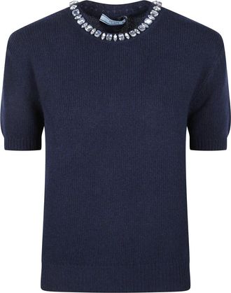 Prada Wollen trui met ronde hals van kasjmier - Dames - Ronde hals truien - Blauw - S - Wol - Truien & Vesten