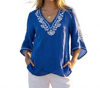 Karen Kane Bracelet Sleeve Asymmetric Top In Blue