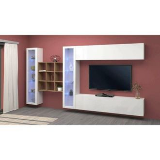 Dmora Dmora - Pared Equipada Dfancon, Conjunto De Sal&oacute;n Mueble Tv Con 4 Puertas, Mueble De Sal&oacute;n Polivalente Con Vitrina Y Luz Led, 100% Made In Italy, Cm 3