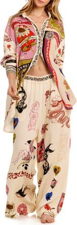 Agua Bendita Anastasia Matches Long Sleeve Cotton Cover-Up Shirt in White Multi at Nordstrom, Size Medium/large