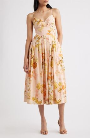 Julia Jordan Floral Linen Blend Midi Dress in Blush Multi at Nordstrom, Size 10