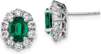 Diamond2Deal 14k White Gold 1 1/5 Ct Lab Grown Diamond and Oval Created Emerald Halo Stud Earrings