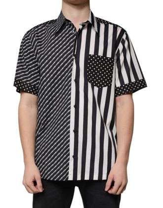 Dolce & Gabbana Mens Black White Striped Button Down Casual Shirt And Cotton