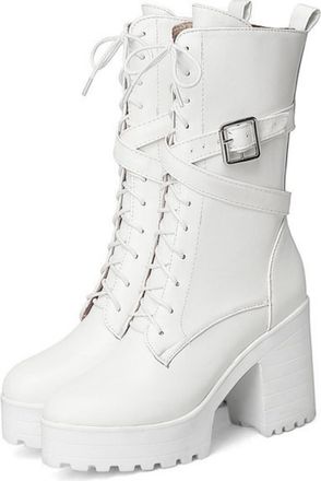 Generic Womens Buckle Detail Tall Riding Boots, Punk Goth Style with Platform Chunky Heel for Winter,White,5.5 UK