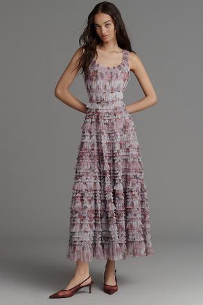 Mac Duggal Sleeveless Tiered Ruffle Floral Midi Dress