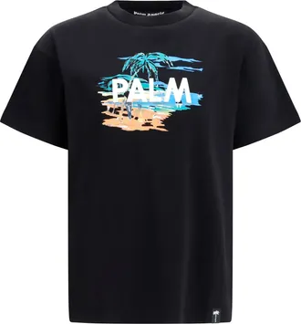 Palm Angels Mens T-Shirt Palm Island Black-Multicolour Cotton T-Shirts Black/multicolour And Polos