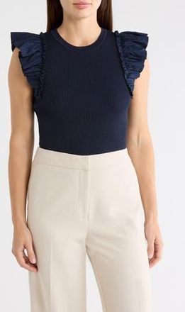 T Tahari Ruffle Mixed Media Rib Sweater in Nightlife at Nordstrom Rack, Size X-Small