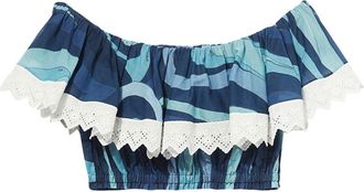 Pucci wave-print ruffle-detailing top - women - Cotton - 38 - Blue