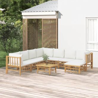vidaXL Set De Muebles De Jard&iacute;n 9 Piezas Bamb&uacute; Y Cojines Blanco Crema Vidaxl