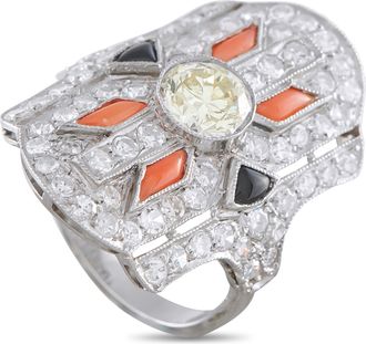 Luxury Bazaar Platinum 3.0ct Diamond, Coral, and Onyx Ring MF30-043026