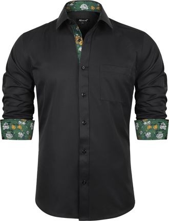 Alizeal Mens Business Slim Fit Dress Shirt Long Sleeve Patchwork Button Closure Shirt, Black+Green Yellow-L