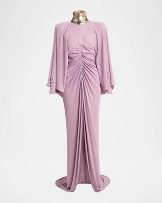Valentino Garavani Sequined Turtleneck Draped Cape Backless Gown