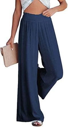 Pantalon Femme Été Taille Haute à Jambe Large - Léger, Fluide, Élégant - Avec Poches - Pour Bureau, Loisirs, Voyage