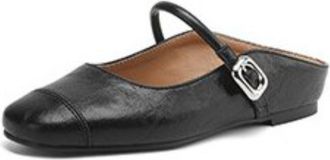 Generic Women Mary Jane Mules Square Toe Flat Heel Adjustable Strap Metal Buckle Stitched Vamp Open Back Slip On Comfortable Daily Dress Shoes,Black,5.5 UK