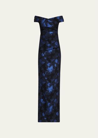 Teri Jon Off-Shoulder Metallic Jacquard Column Gown