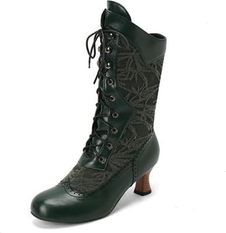 Generic Womens Round Toe PU Leather Short Boots Lace Up Gothic Punk Boots Mid Kitten Heel Cosplay Mid-Calf Boot,Green,10.5 UK