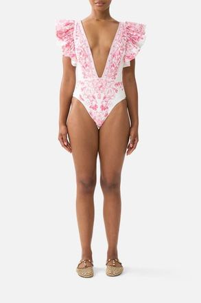 Camilla Plunge One Piece W Pleated Ruffle Sleeves in Livin La Vida Rosa at Nordstrom, Size X-Small Au