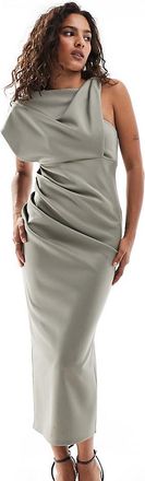 Asos Petite ASOS DESIGN Petite - Vestito midi minimal accollato dal taglio asimmetrico color kaki chiaro-Verde