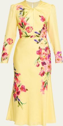 Saloni Claudia Floral Silk Long-Sleeve Fluted Midi Dress