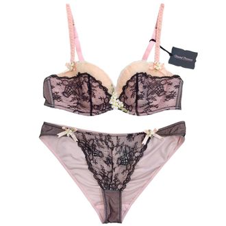 Chantal Thomass Pink Tulle & Black Leavers Lace Hand Embroidered Daisy Set Size M