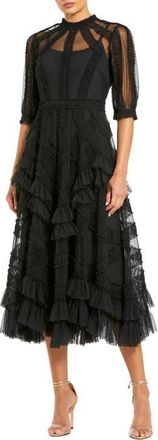 Mac Duggal Petite High Neck Puff Sleeve Ruffle Tiered Dress in Black at Nordstrom, Size 10