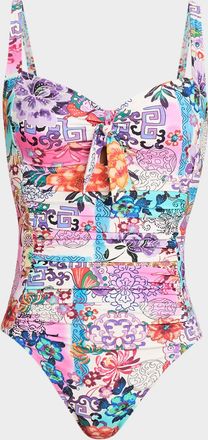 Johnny Was Kaleidoscope Patchwork Ruched One-Piece Swimsuit