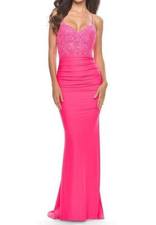 La Femme Sparkly Sleeveless Prom Maxi Dress In Neon Pink