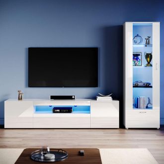 Elegant Lighting Living Room Set Modern High Gloss Fronts with led Light, 2000mm tv Stand, Display Cabinet with Glass Shelf Tall Storage Cabinet, White - Elegant