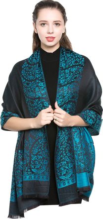 World of Shawls Reversible/Two Sided Print Self Embossed Pashmina Feel Wrap Scarf Stole Scarves Shawl (Black/Turquoise)