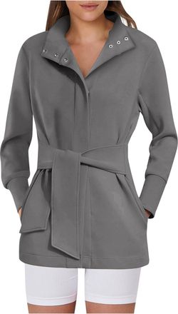 Generic Winter Jackets for Women UK Clearance Wool Coat Belted Casual Long Sleeve Wrap Trench Coat Trendy Button Up Dressy Outerwear with Pockets Solid Windbr