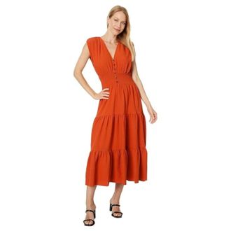 Calvin Klein Gauze Midi Dress Women Clay Stretch Tiered V-Neck A-Line FROG338