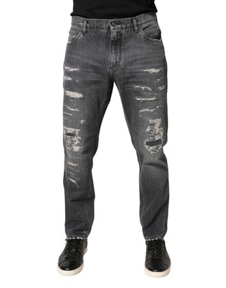 Dolce & Gabbana Mens Dark Gray Tattered Cotton Loose Denim Jeans Clothing