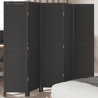 vidaXL Biombo Separador De 5 Paneles Madera Maciza Paulownia Negro Vidaxl