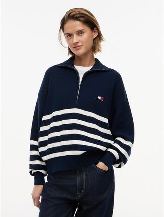 Tommy Hilfiger Womens Tommy Jeans Quarter-Zip Sweater - Navy Blue / Ecru Stripe - XL