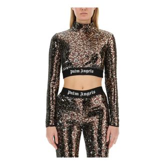 Palm Angels Long Sleeve Tops, female, Black, Size: S Logo-strap sequin cropped top