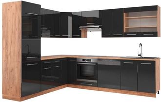 Vicco Cocina esquinera Fame-Line, Antracita brillo intenso/roble dorado eléctrico, 227 x 287 cm, et Roble