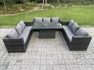 Fimous 9 Seater Outdoor Garden Furniture Rattan Sofa Set Adjustable Rising Lifting Dining Table Dark Grey