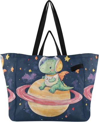 Generic Dinosaur Yellow Planet Stars print Reusable Canvas Tote Bag, Heavy Duty Grocery Shopping Bag with Large Capacity Hard Bottom Double Handles Work Groce