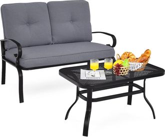 Costway Conjunto Jardin Exterior 2 Piezas, Banco De 2 Plazas Con Cojines Y Mesa De Caf&eacute;, Conjunto Terraza, Muebles Terraza Exterior - Costway