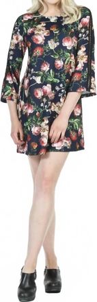 Papillon Floral Print Lace Inset Bell Sleeve Dress In Navy